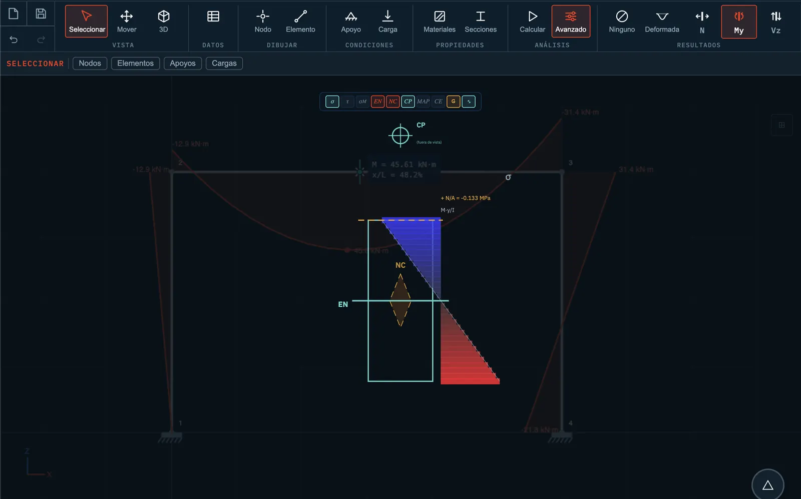Section-analysis panel showing Mohr’s circle and the shear flow.