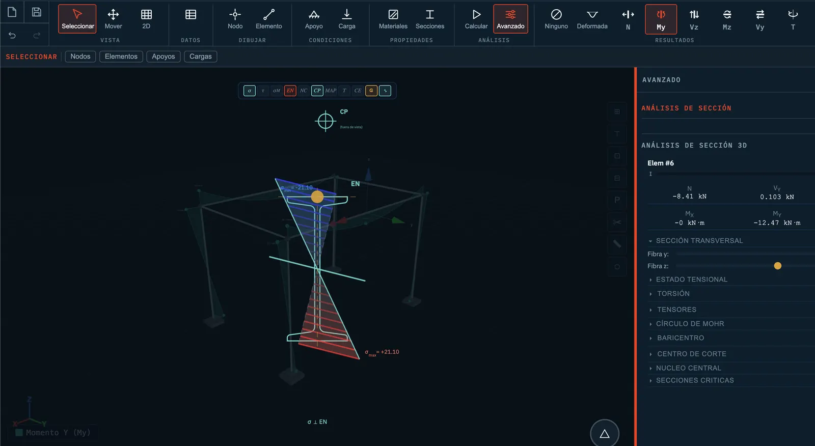 Stresses over a member’s section in 3D.