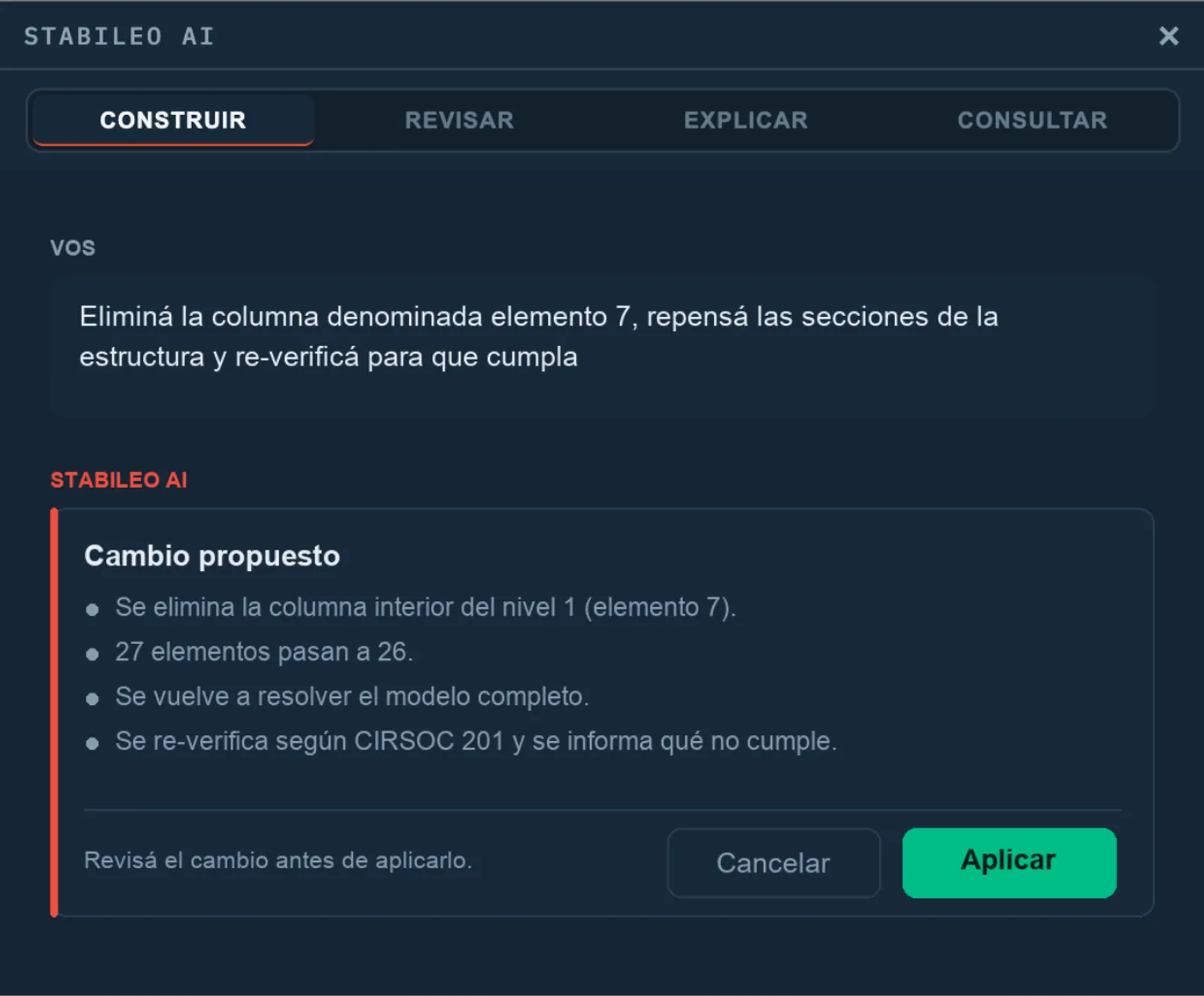 The Stabileo AI panel: a request in plain language and the change the AI proposes before it is applied.